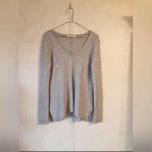 BB Dakota Shimmering Silver Knit Sweater Sequin Loose Knit Sweater V Neck Y2K